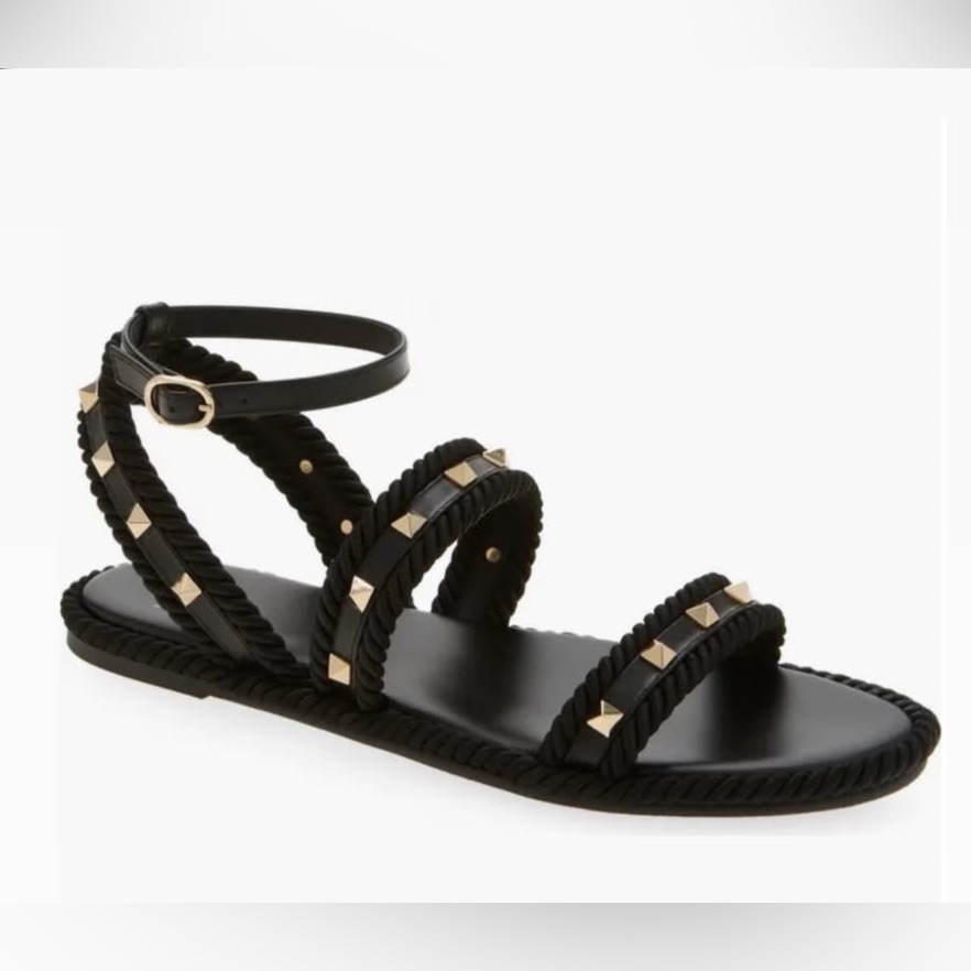 Valentino Rockstud Espadrilles Black Braided Fabrics Leather Sandals Flats Sz 36